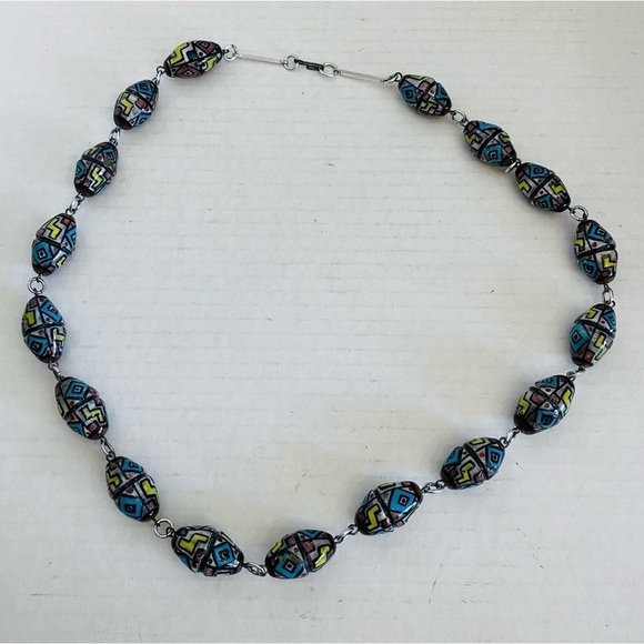Vintage Hand Painted Glazed Clay Art Chunky Bead Necklace - Picture 9 of 16